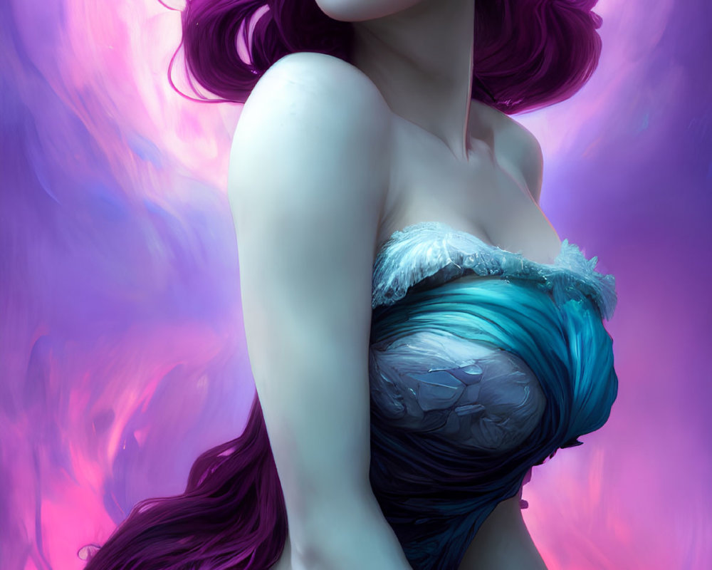 Fantastical Woman in Striking Violet and Blue Tones with Flowing Hair and Feathers