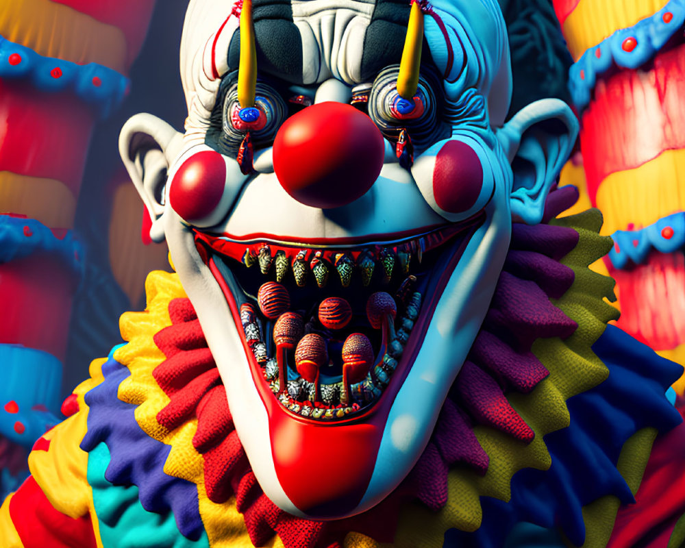 Colorful Sinister Clown with Sharp Teeth and Dramatic Lighting