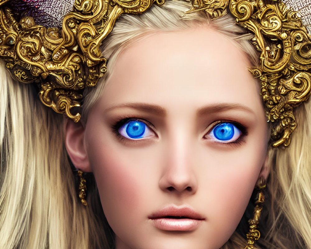 Digital portrait of woman with blue eyes, blonde hair, and ornate golden headpiece