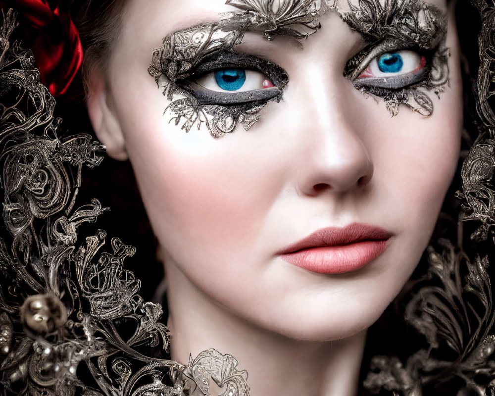 Portrait of a Person with Striking Blue Eyes and Intricate Metallic Lace Makeup