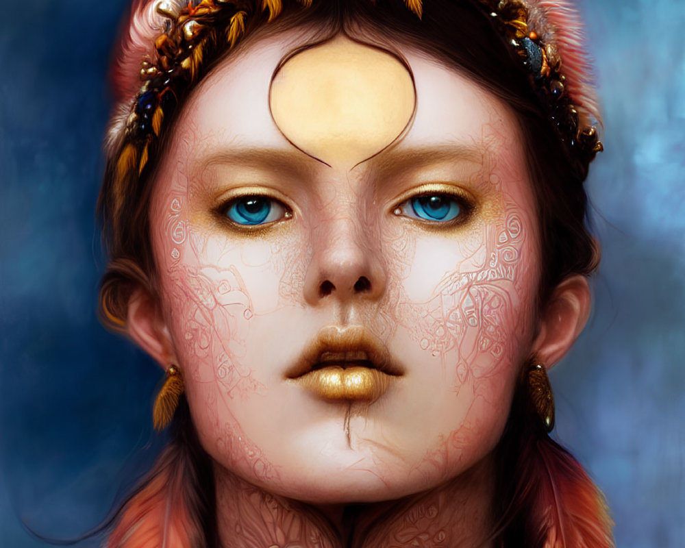 Digital painting featuring person with blue eyes, golden lips, facial tattoos, feather hair, crescent moon