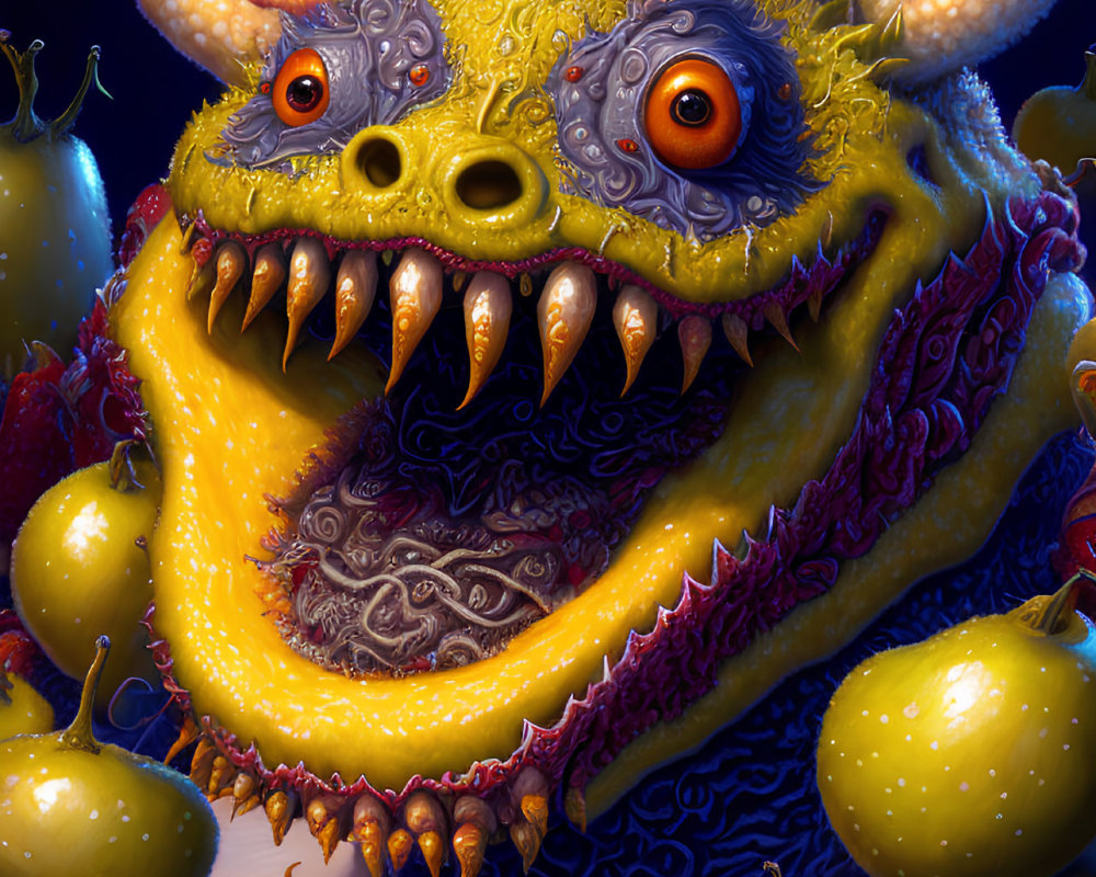 Colorful digital artwork of whimsical creature with orange eyes, yellow fur, sharp teeth, mouse-like