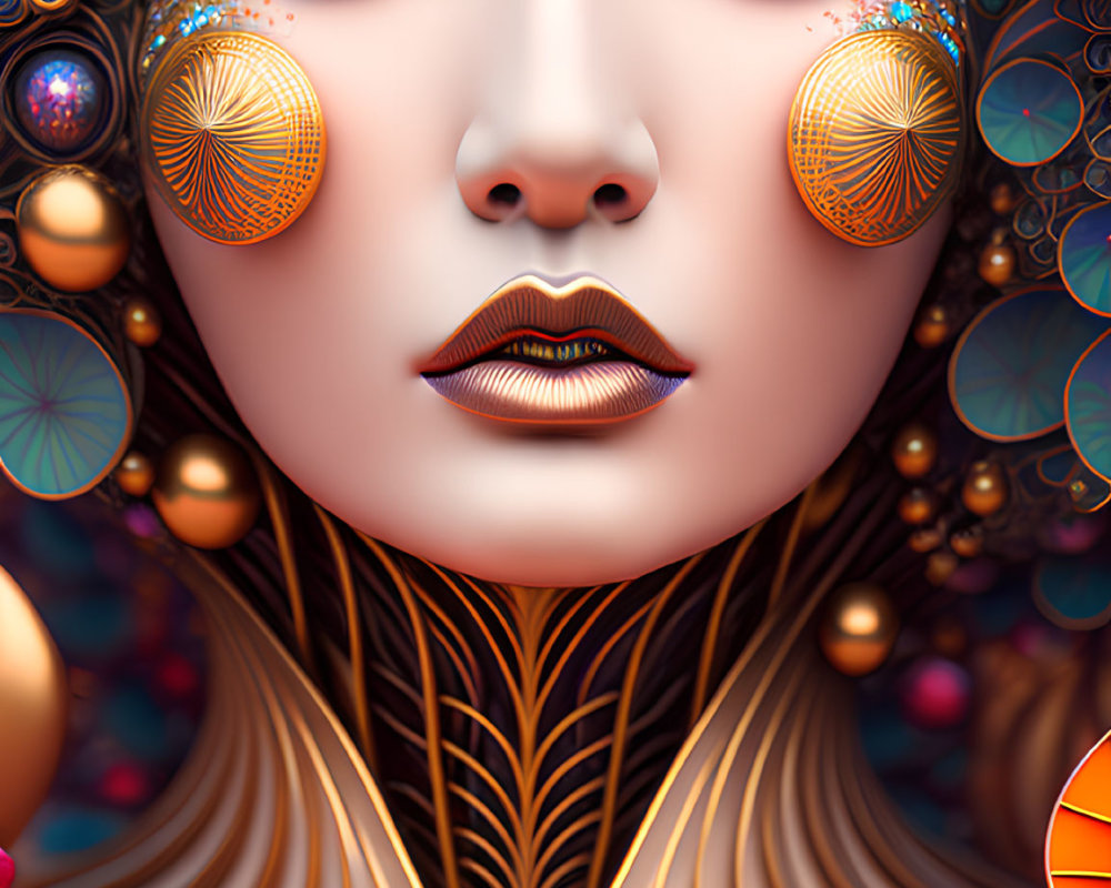 Stylized digital artwork: intricate golden patterns, blue eyeshadow, surreal elements.