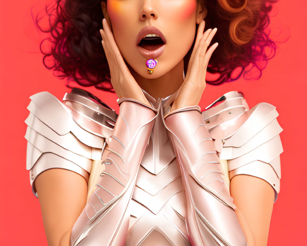 Portrait of a person with curled hair and dramatic makeup in futuristic white armor on pink background