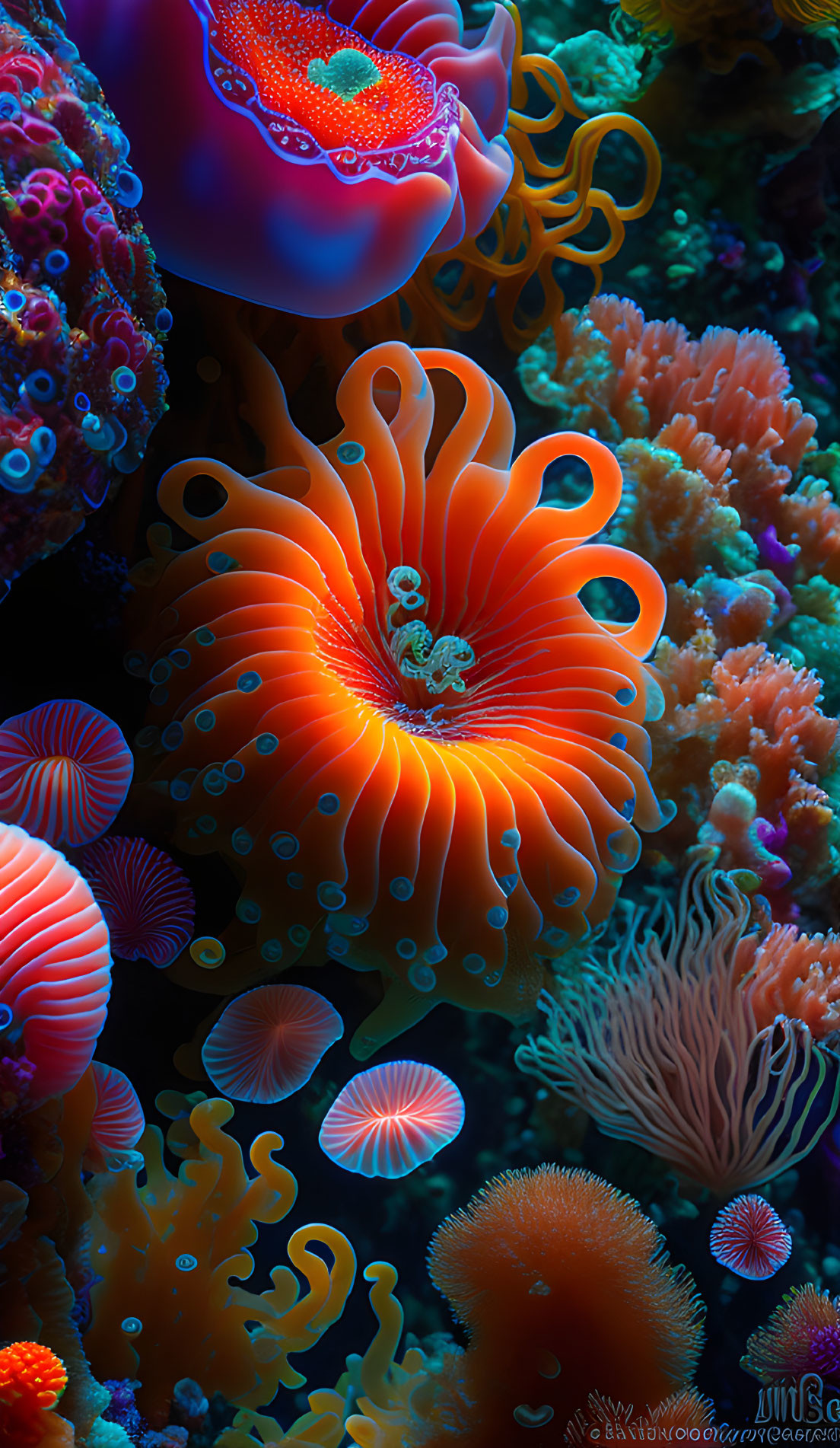 Colorful Underwater Scene with Diverse Sea Anemones and Coral