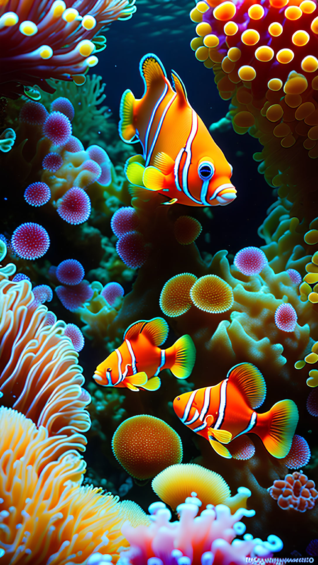 Colorful Clownfish and Sea Anemones in Underwater Scene