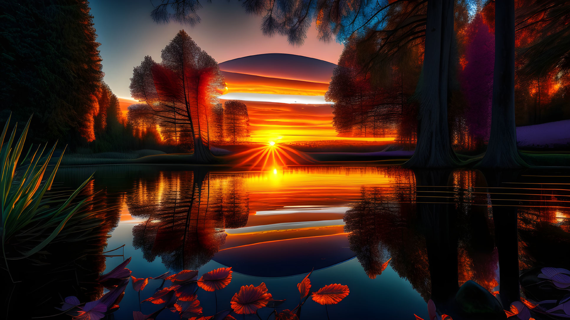 Serene lake sunset with radiant orange hues and silhouetted trees