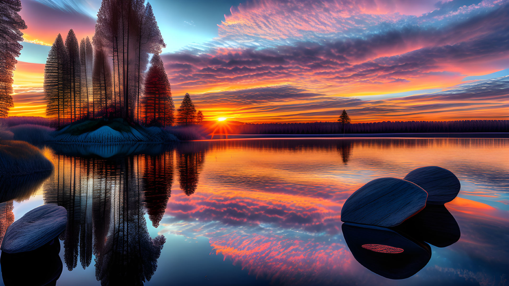 Colorful sunset over calm water with tree silhouettes and floating wooden objects