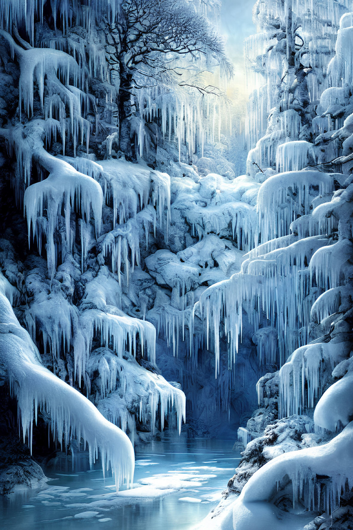 Frozen river with tree branches and icicles in wintry landscape