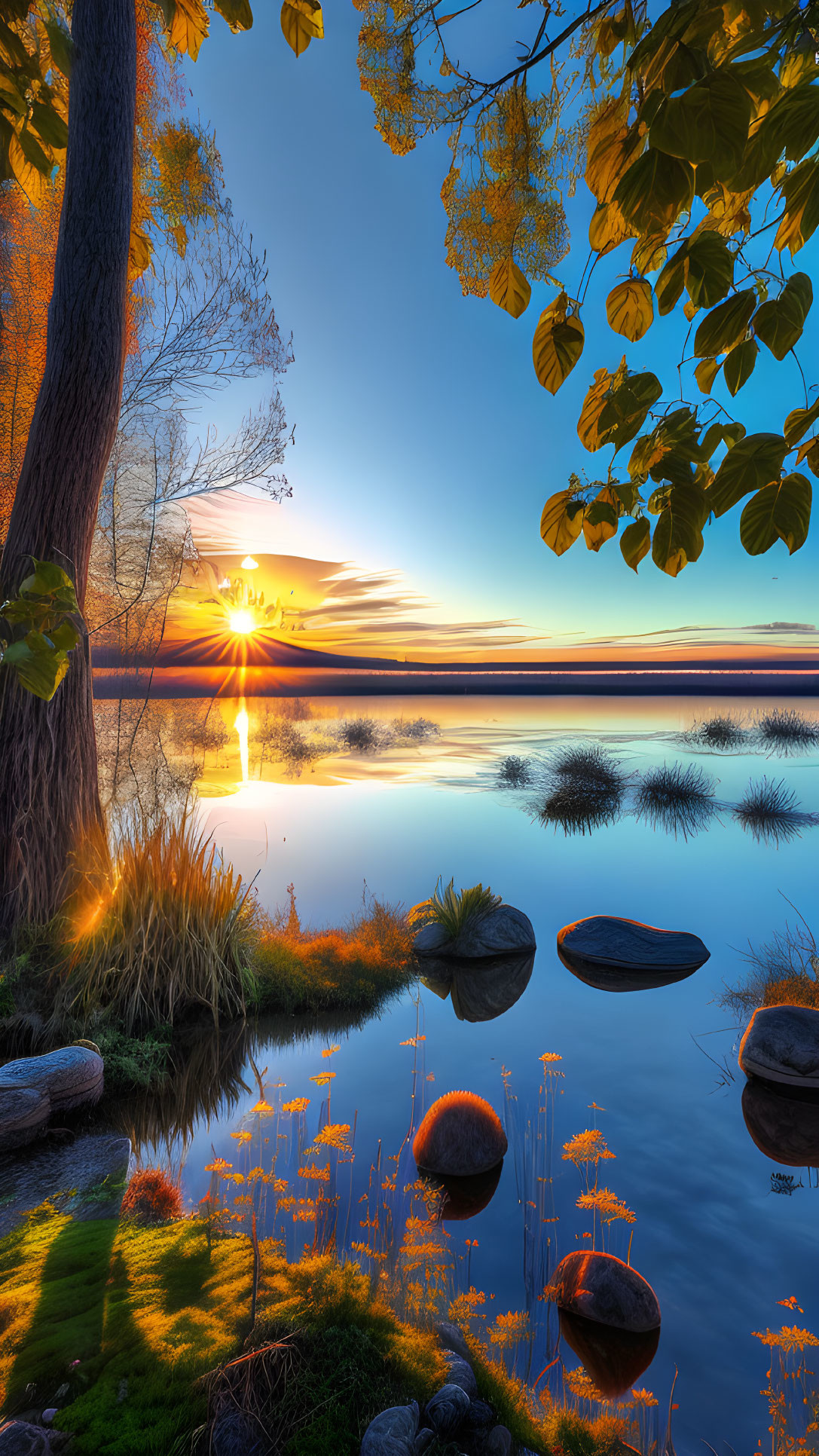 Tranquil sunset scene over calm lake with scattered stones