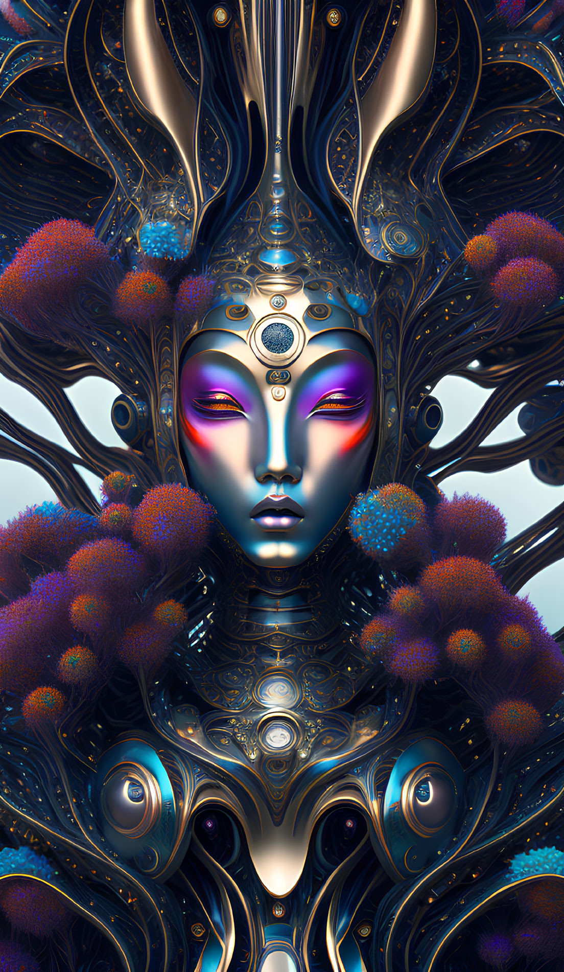 Detailed futuristic digital artwork of symmetrical ornate figure with deity-like elements and metallic patterns.