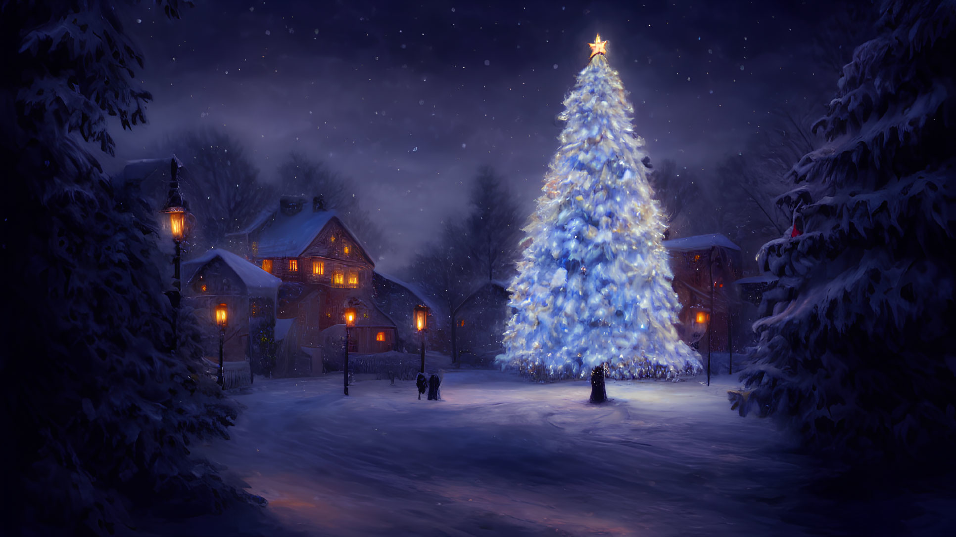 Snow-covered houses and lit Christmas tree in serene winter night