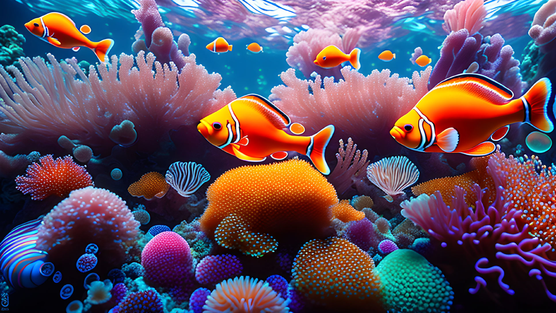 Colorful Coral Reefs with Orange Fish in Vibrant Underwater Scene