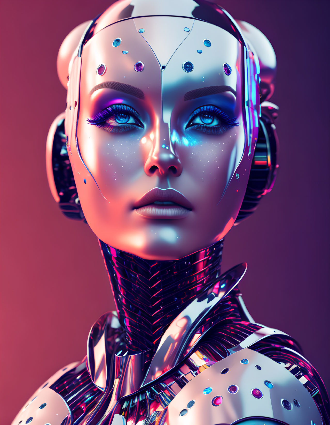 Detailed Female Robot Portrait with Blue Eyes and Futuristic Silver Armor