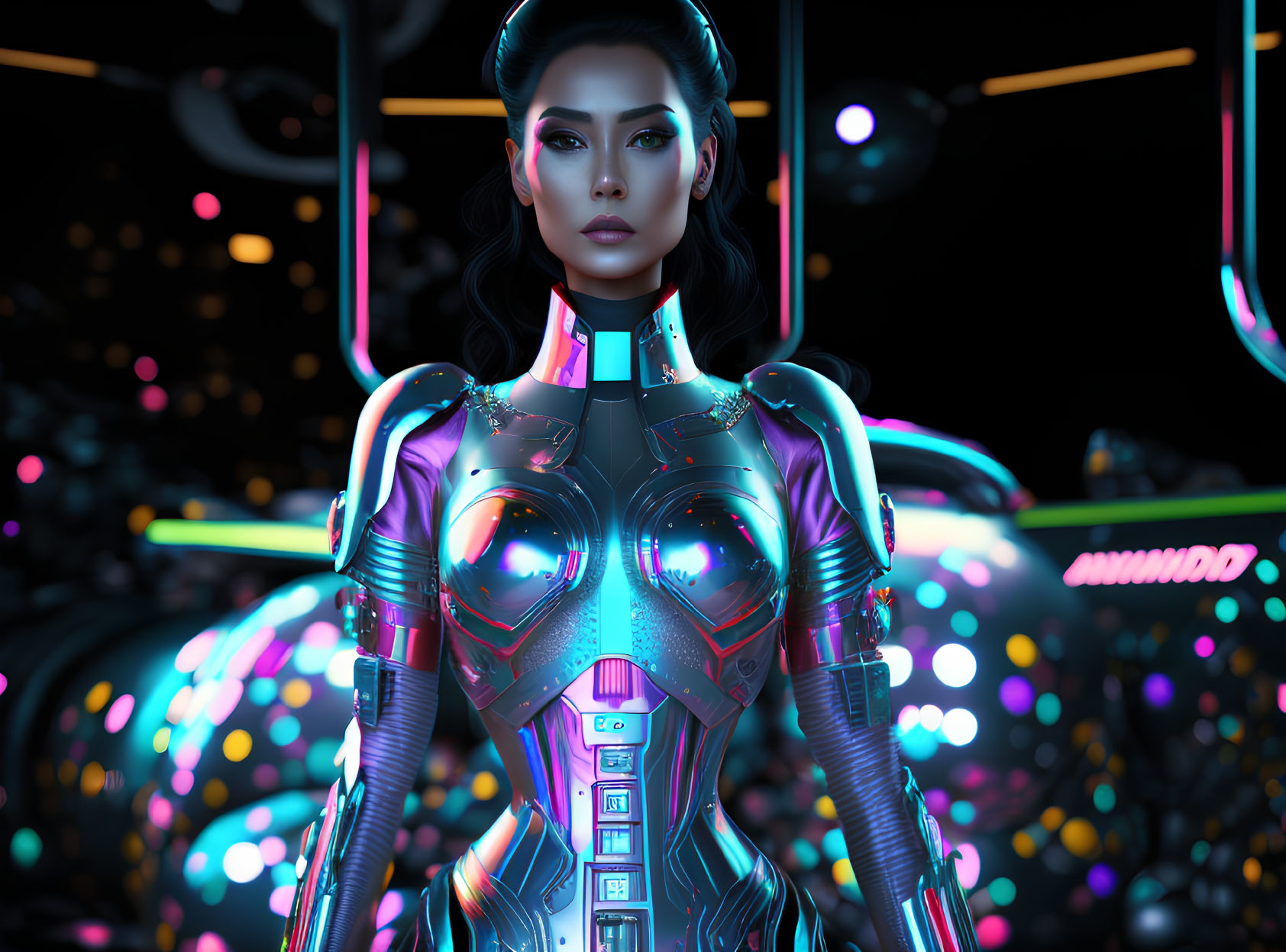 Futuristic female android with glowing neon accents in metallic body amid shimmering spheres and bokeh lights