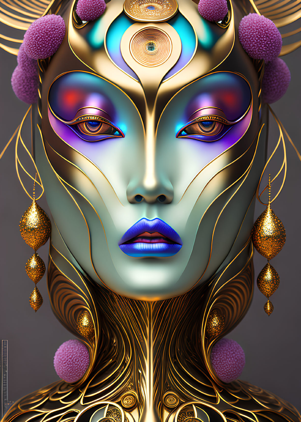 Stylized digital artwork: Female figure with ornate gold and purple headpiece, vibrant makeup,