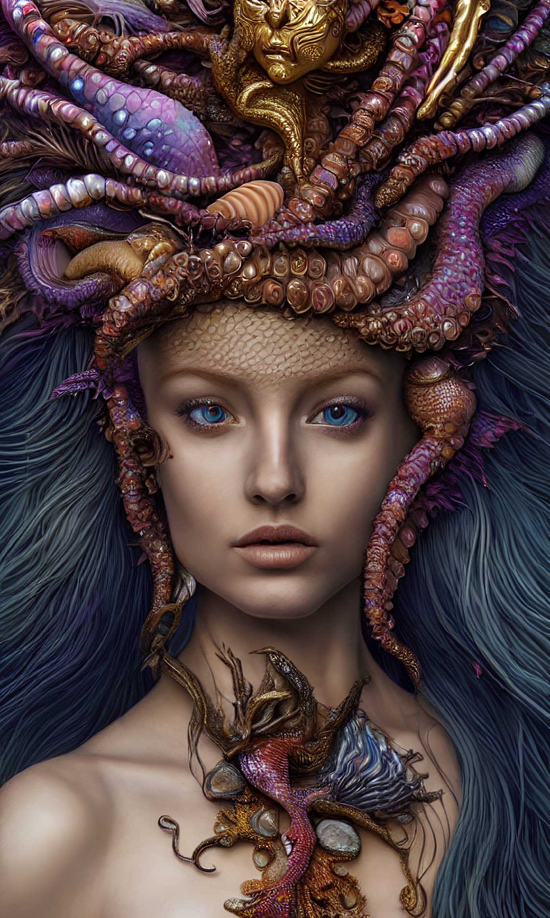 Fantastical portrait blending marine life with human features