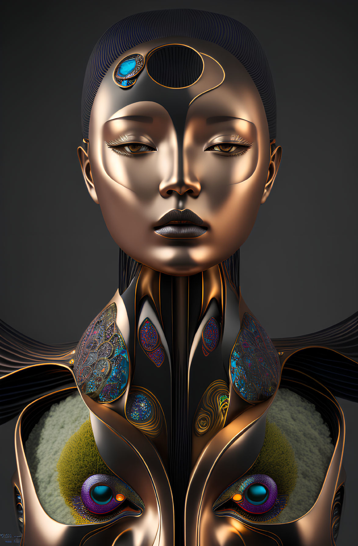 Digital art portrait with golden and peacock-feather-like details and mesmerizing eyes.