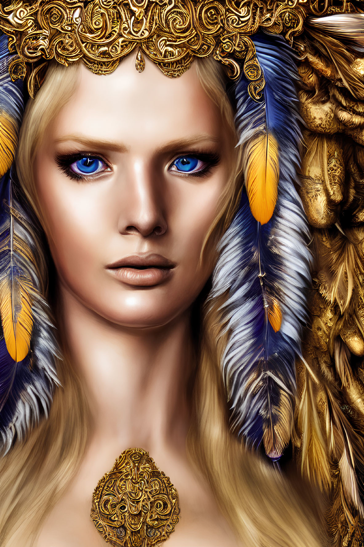 Illustration of woman with blue eyes, golden headdress, and feather details