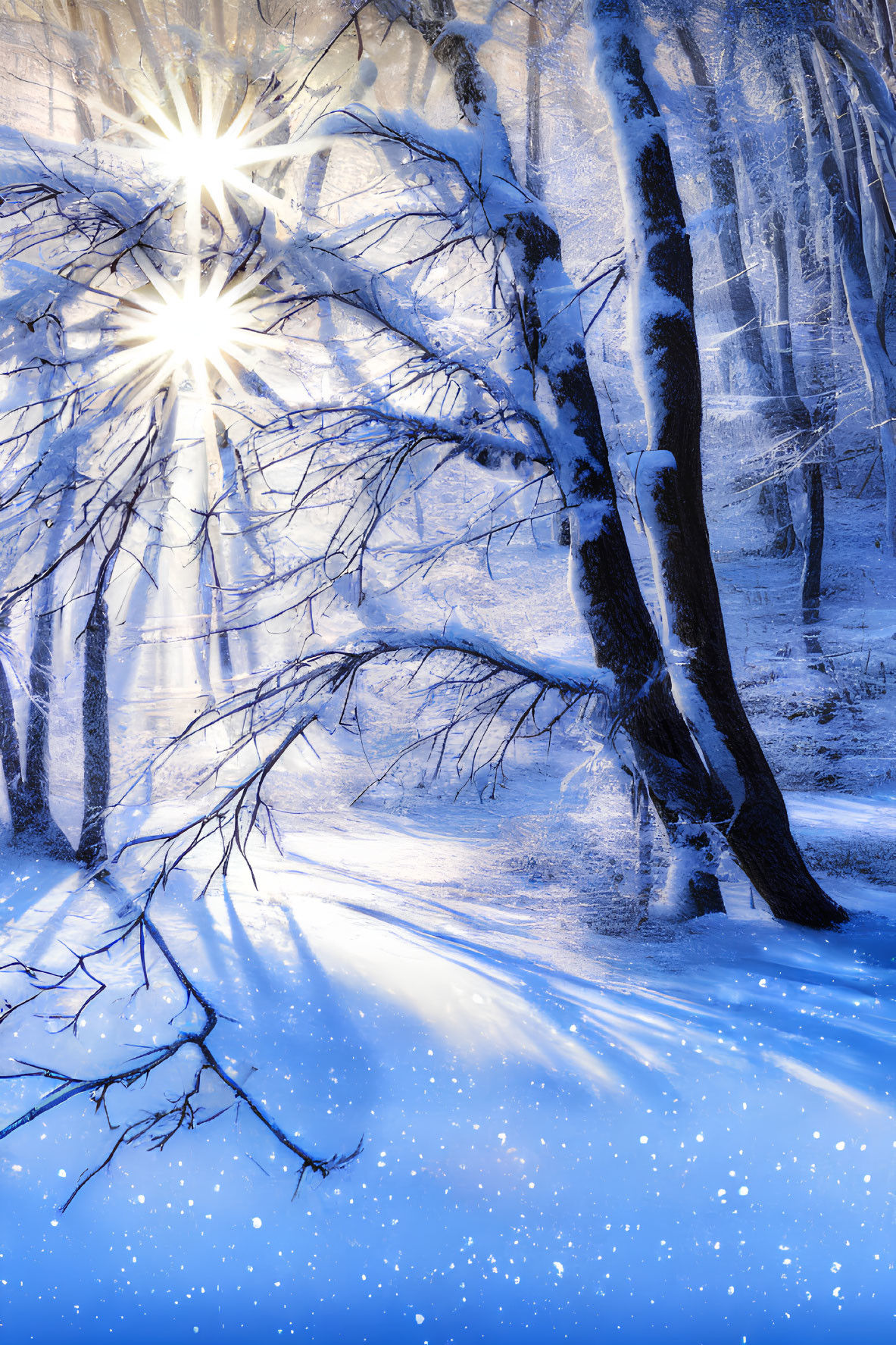 Snowy forest with sunbeams through trees