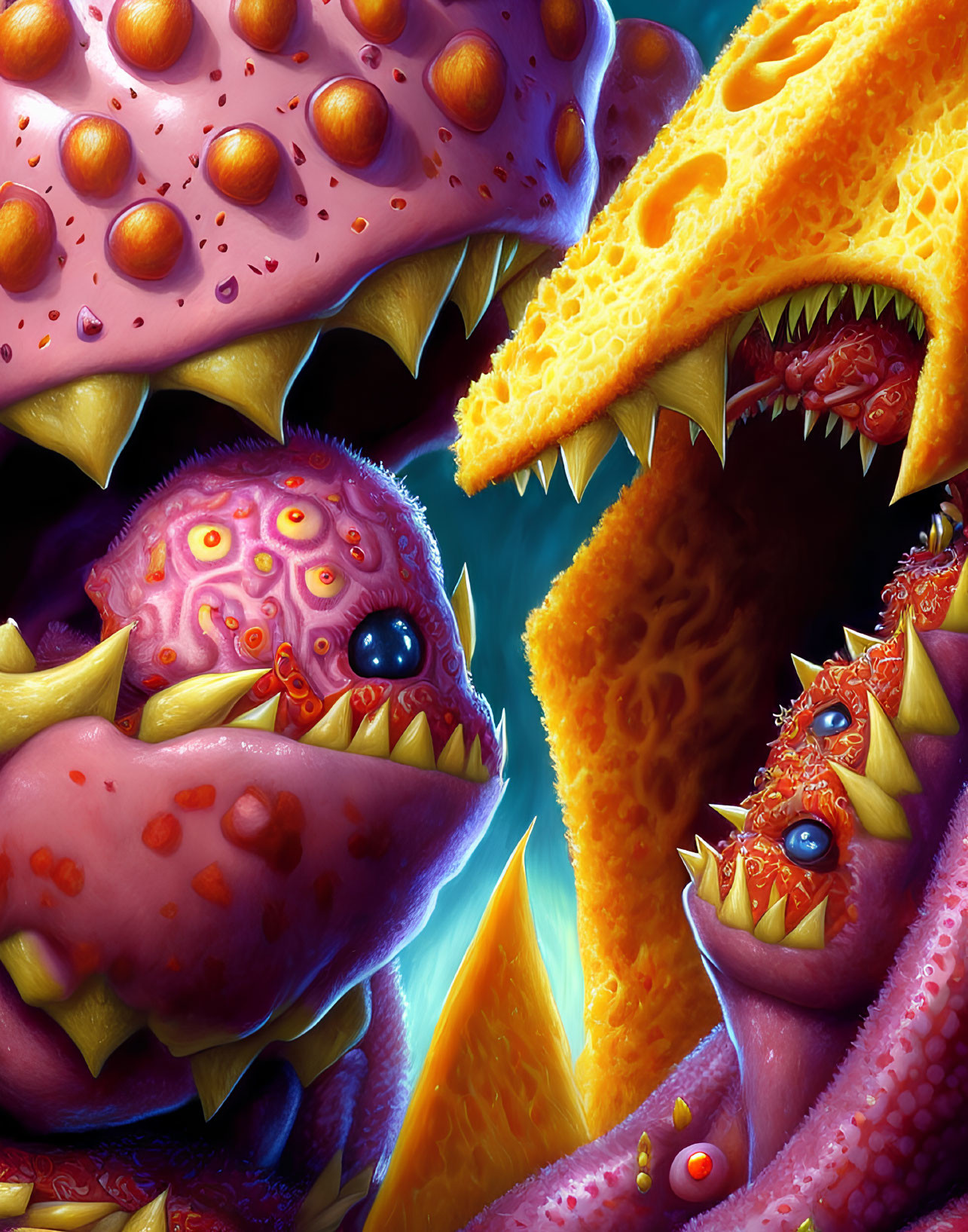 Colorful Fantasy Creatures with Sharp Teeth and Textured Skin