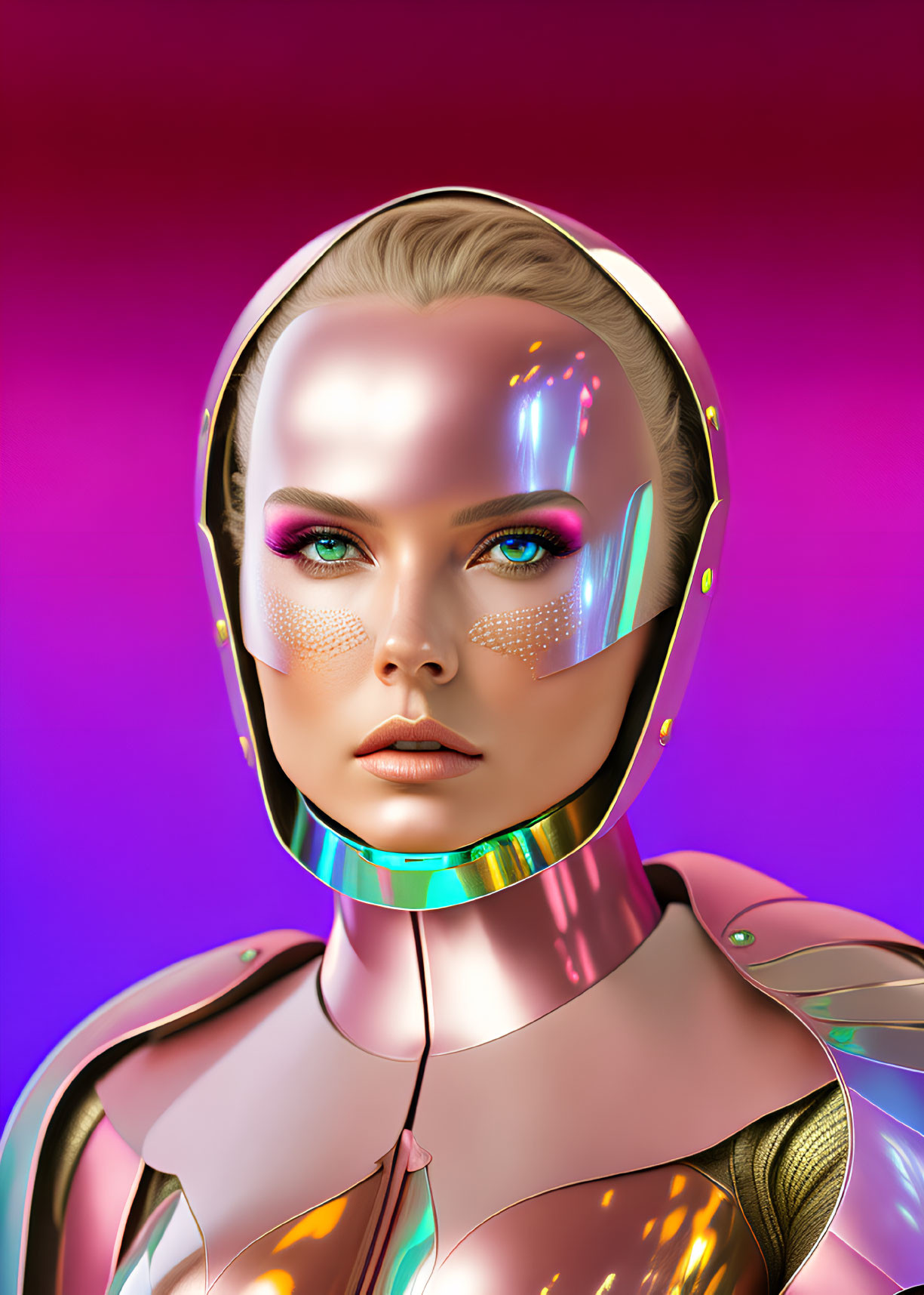 Futuristic female figure in reflective space helmet and metallic suit on purple background