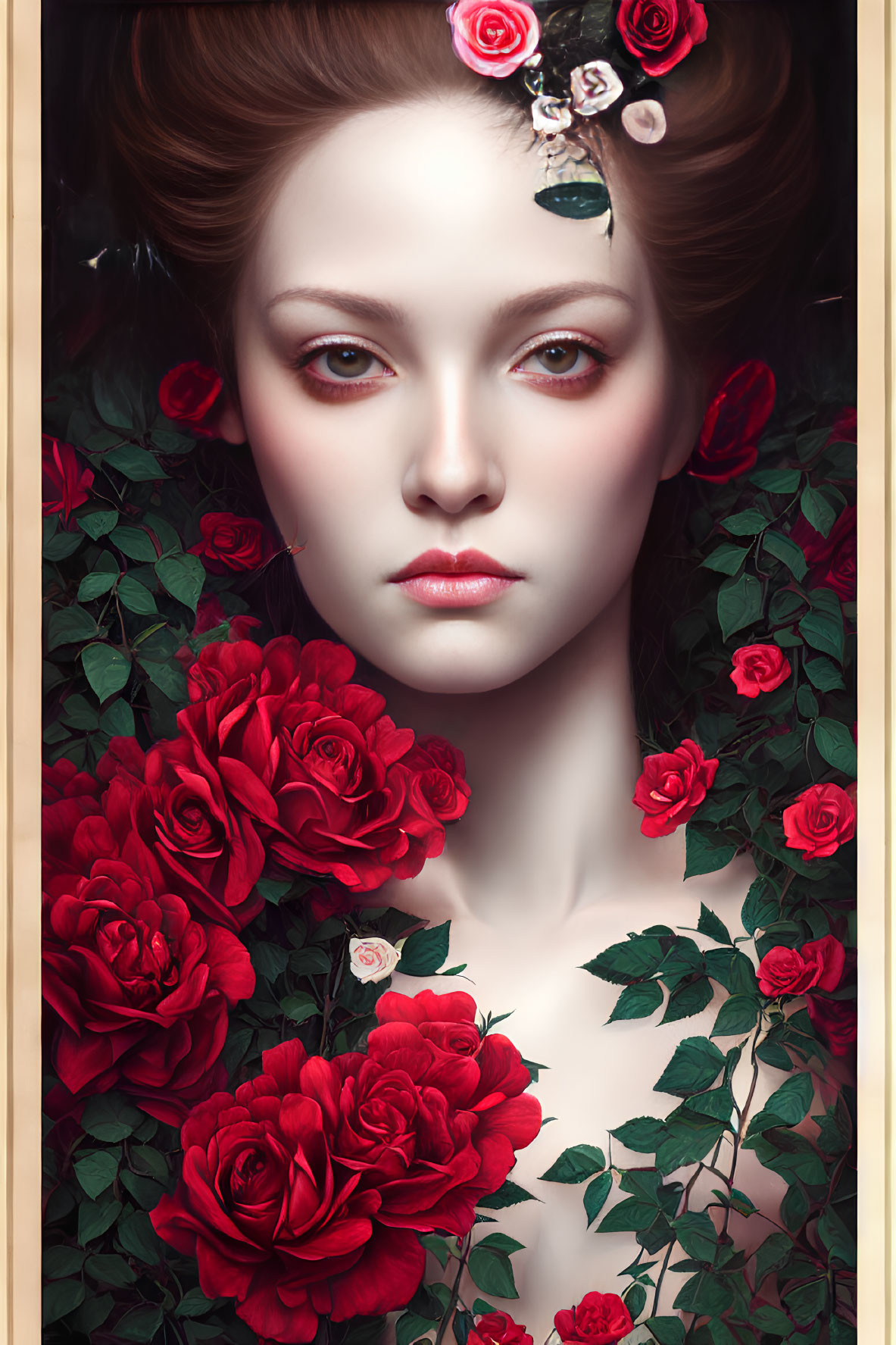 Portrait of woman with pale skin amidst red roses and green leaves, serene expression.