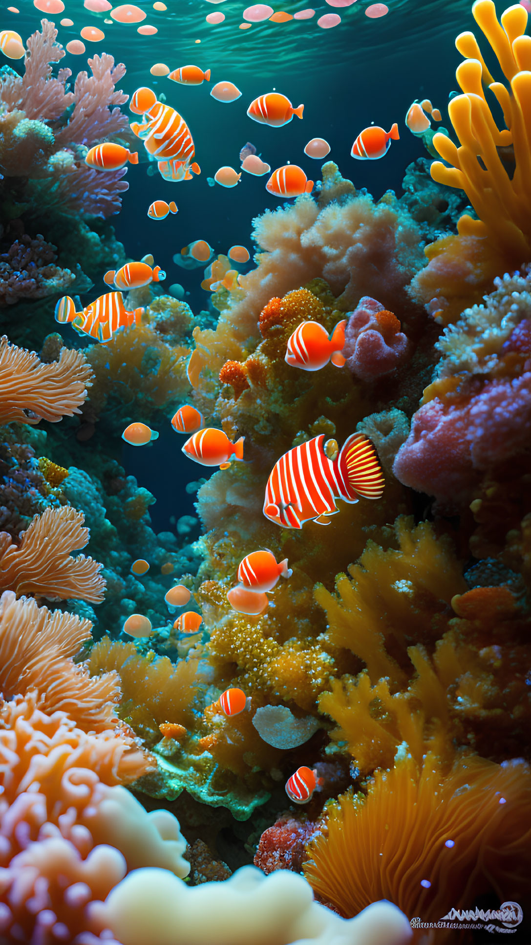 Vibrant orange-and-white striped fish in colorful coral reefs