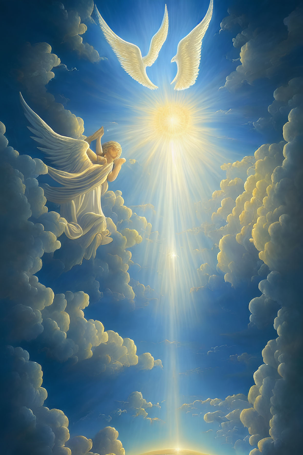 Angel with trumpet ascending towards radiant light in fluffy clouds