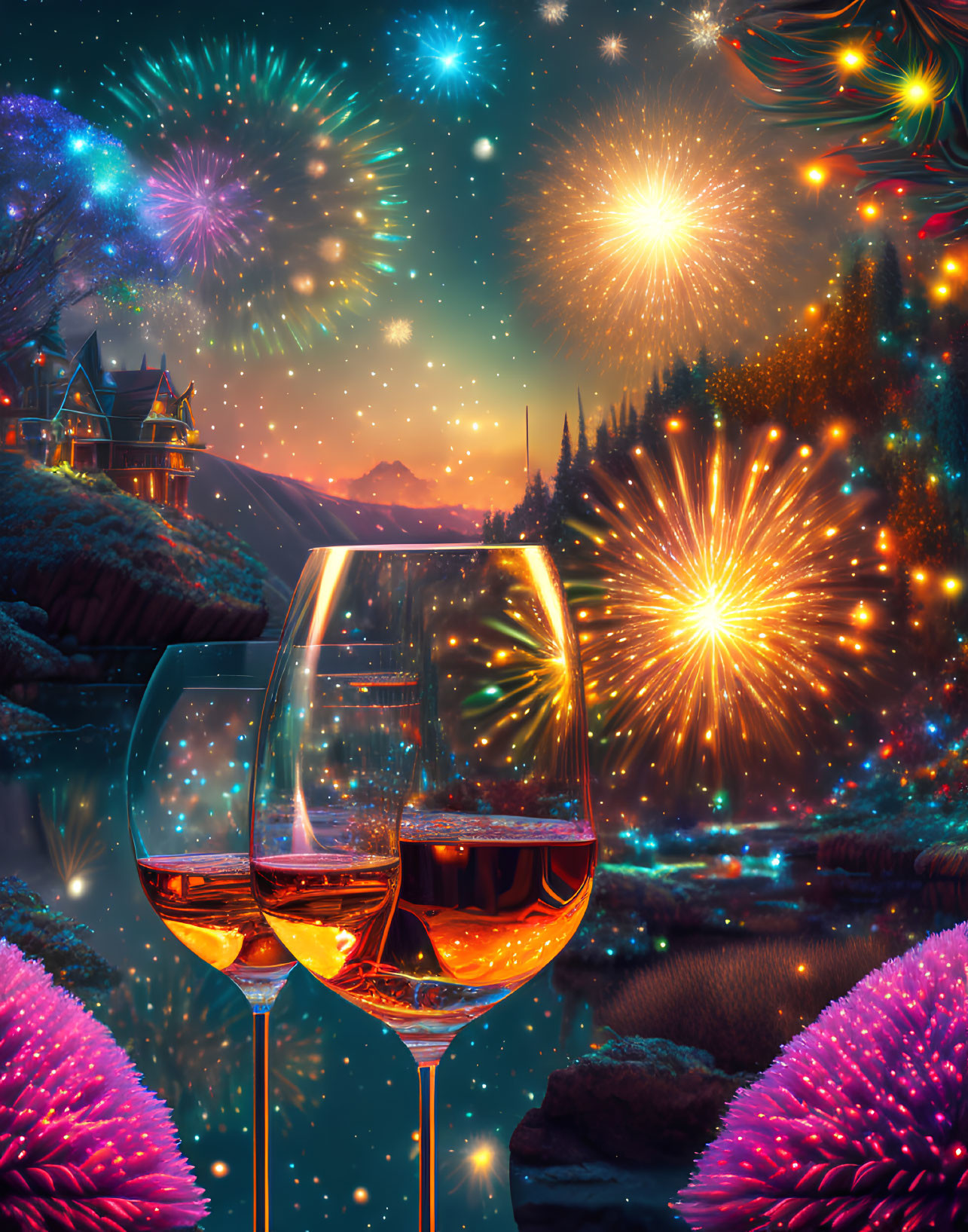 Vibrant fireworks backdrop with two glasses of wine