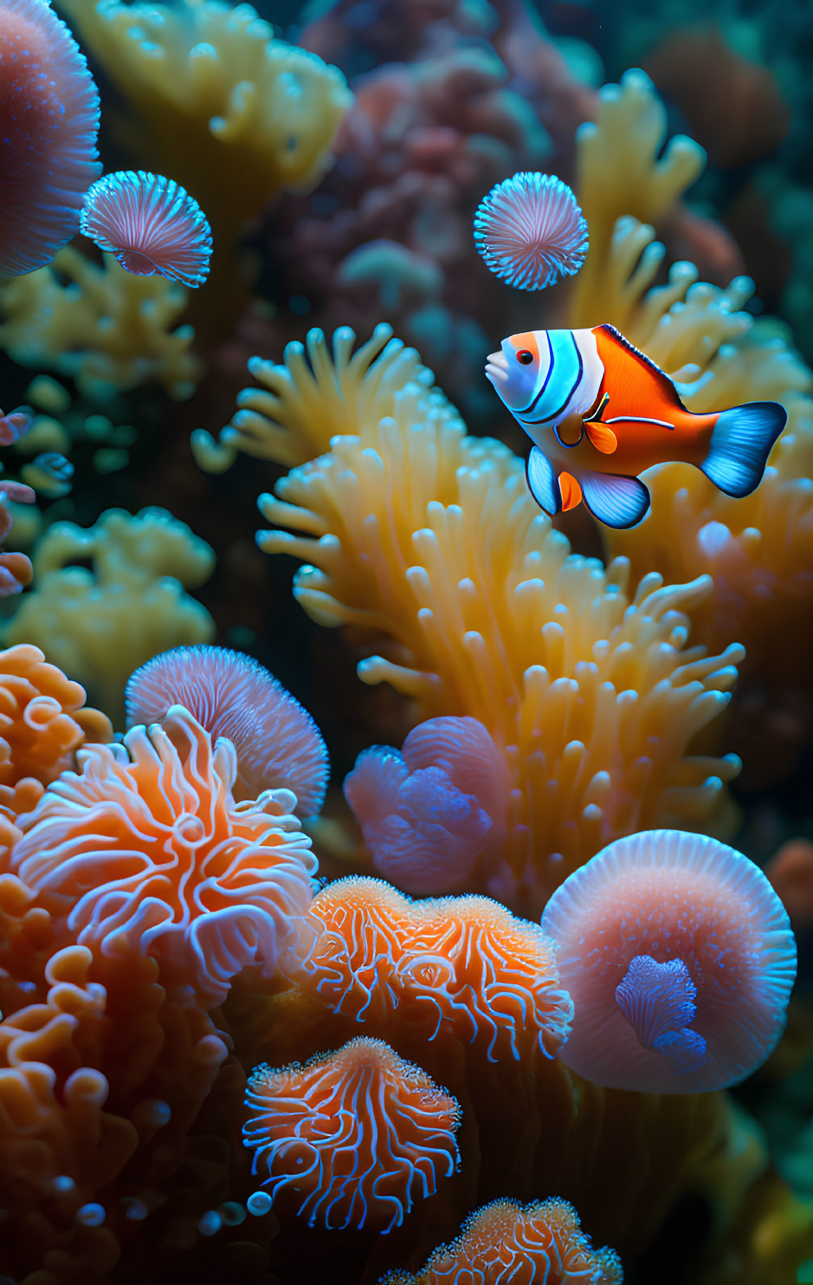 Colorful Clownfish Among Vibrant Sea Anemones in Underwater Scene