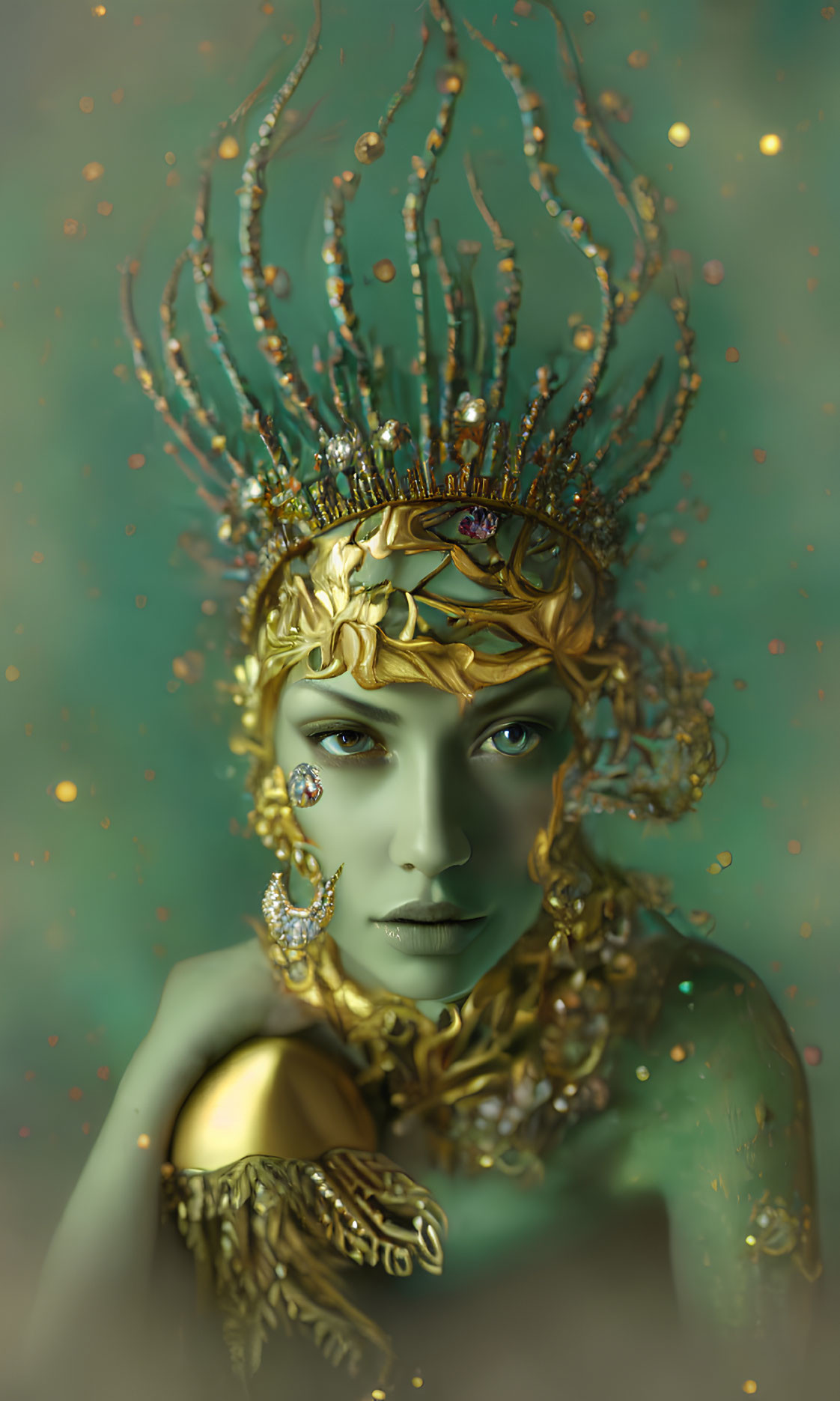 Person adorned in golden headdress and jewelry with green mystical aura and shimmering lights.