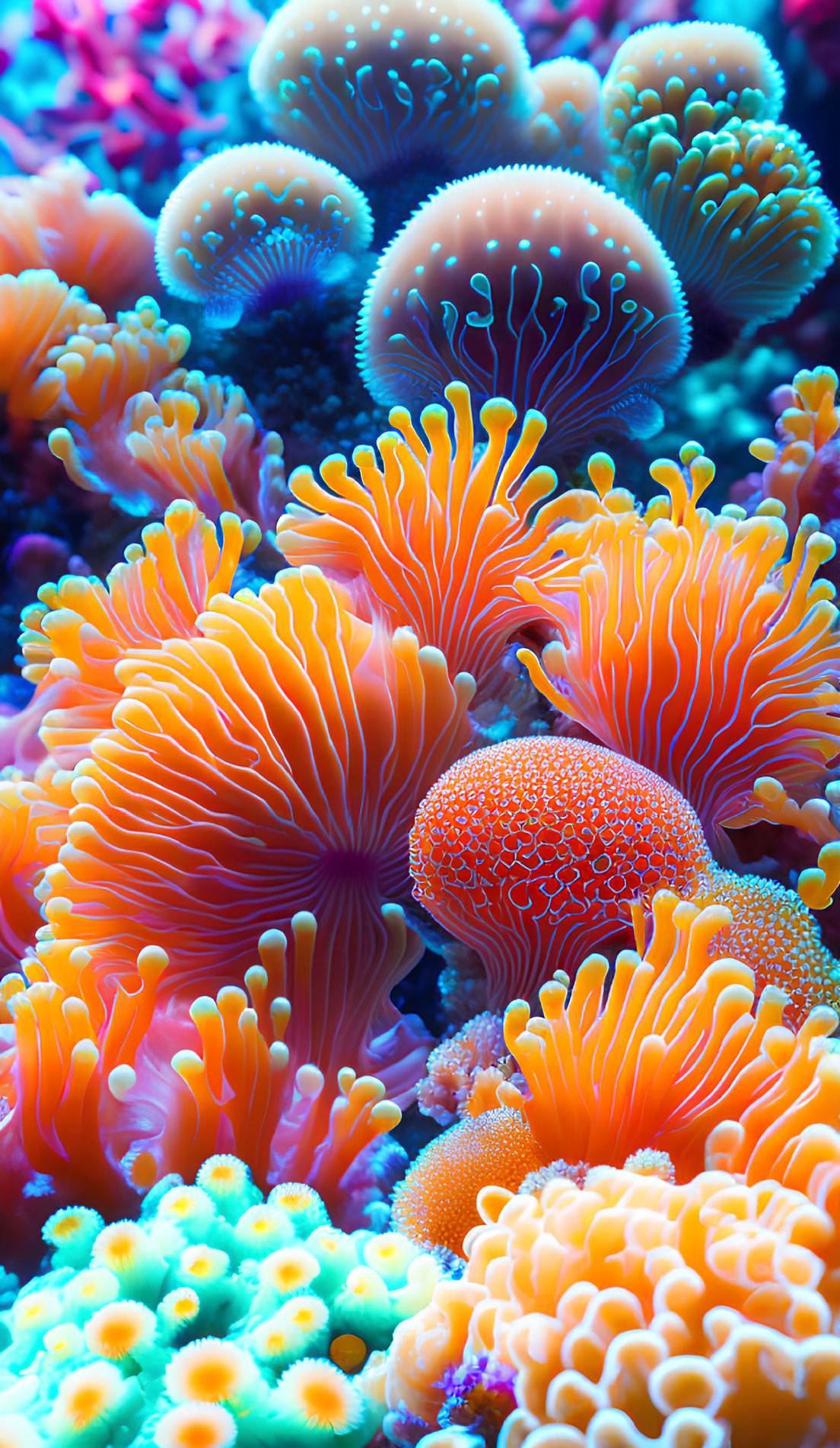 Colorful Coral Reef Scene with Brain Coral and Anemones in Vibrant Hues