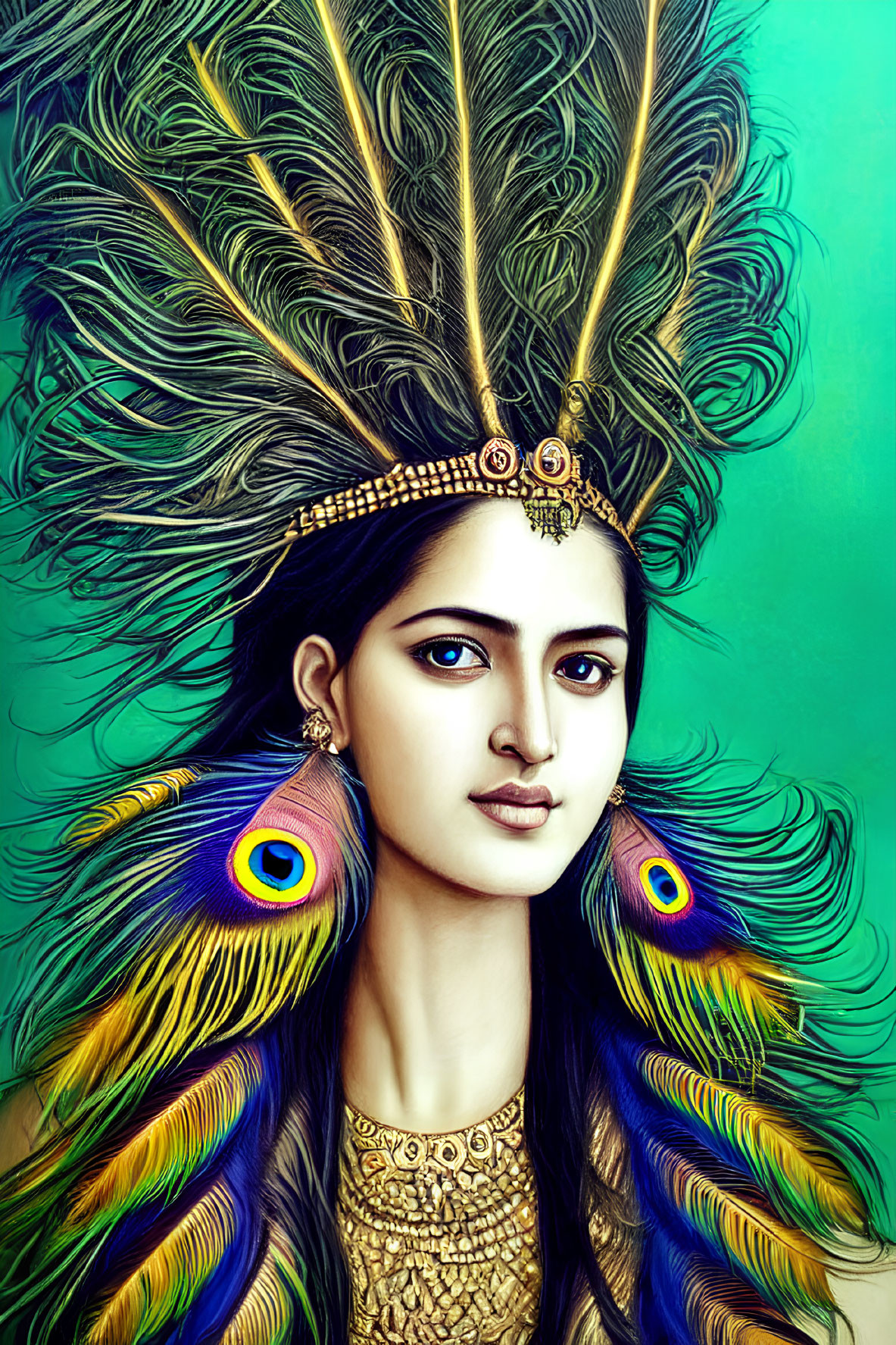 Elaborate peacock feather headdress on intense woman against teal background