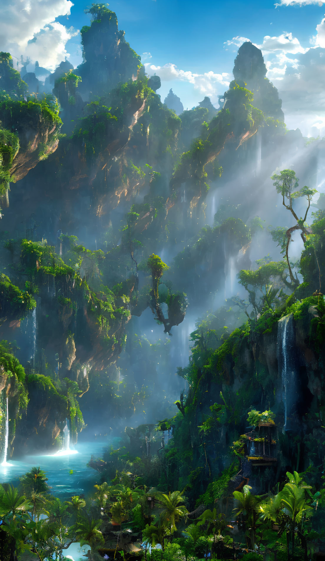 Lush mythical jungle with cliffs, waterfalls, and ruins in dense vegetation