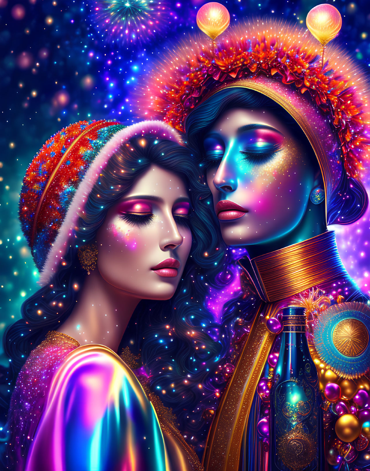 Stylized women with cosmic makeup and intricate garments