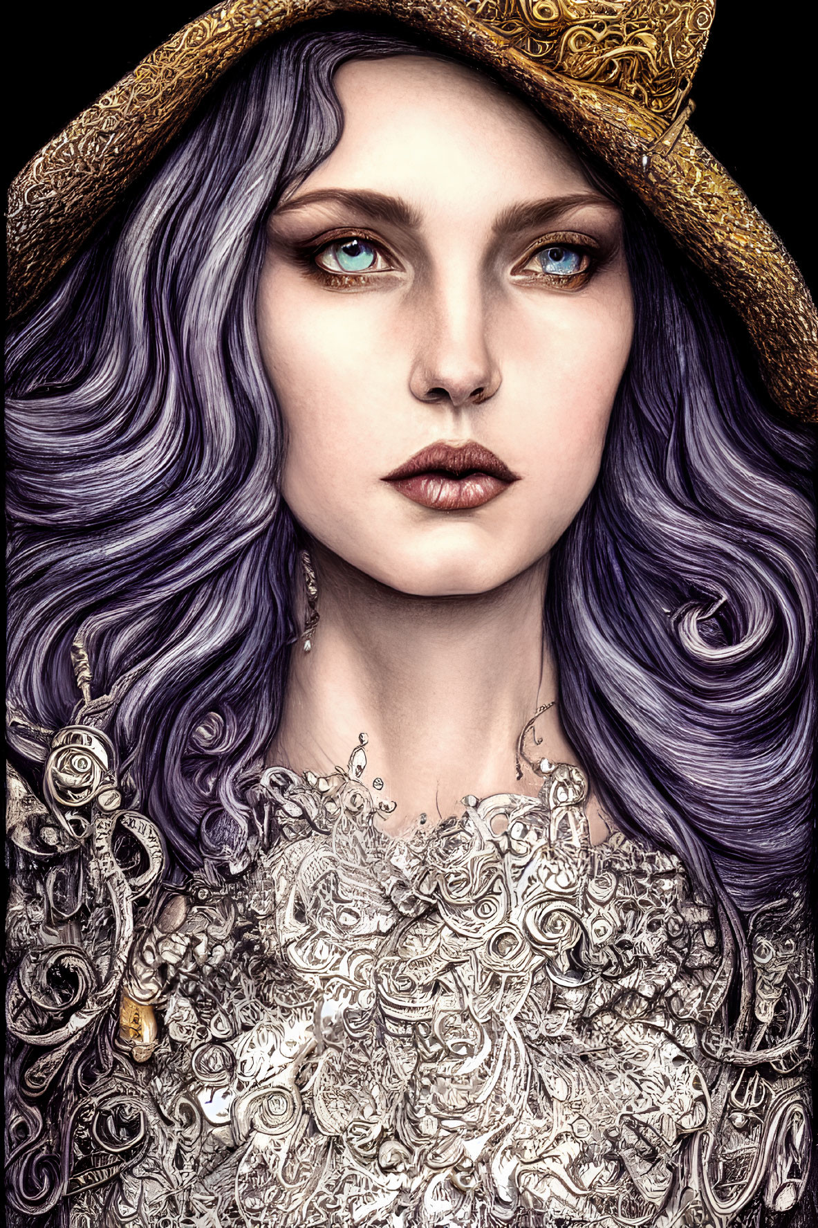 Detailed Illustration of Woman with Wavy Purple Hair and Striking Green Eyes wearing Hat and Ornate