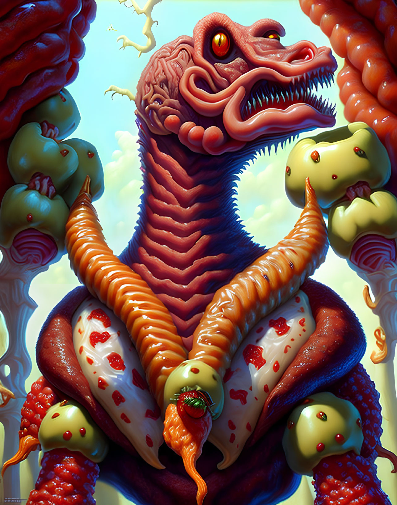 Colorful digital artwork of serpent creature with orange scales and red eyes in surreal setting.