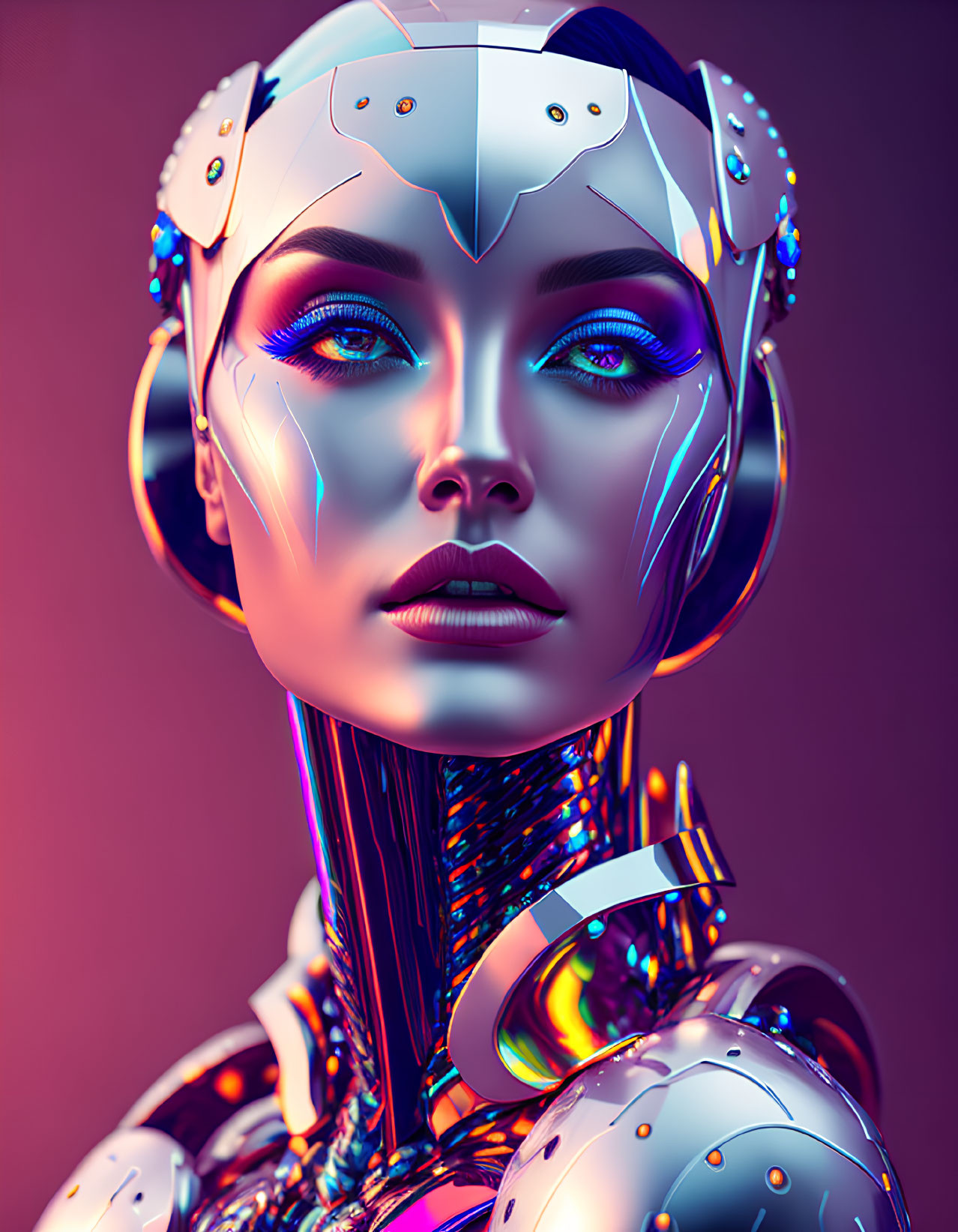 Detailed digital artwork of female robot with metallic body and blue eyes on gradient background