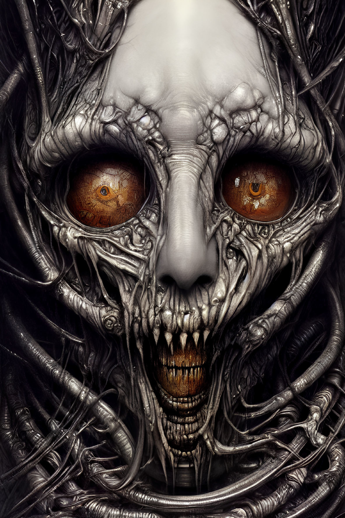 Skull-faced creature with orange eyes and alien tendrils illustration