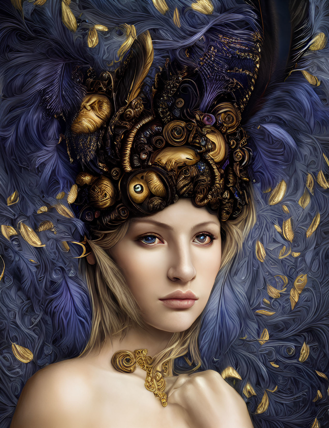 Detailed Illustration: Woman with Blue Eyes in Elaborate Gold-Accented Headdress