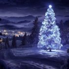 Snow-covered houses and lit Christmas tree in serene winter night