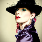 Dramatic makeup woman with black hat and red lipstick