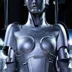 Reflective metallic female android with neon lights and cybernetic features in dark setting