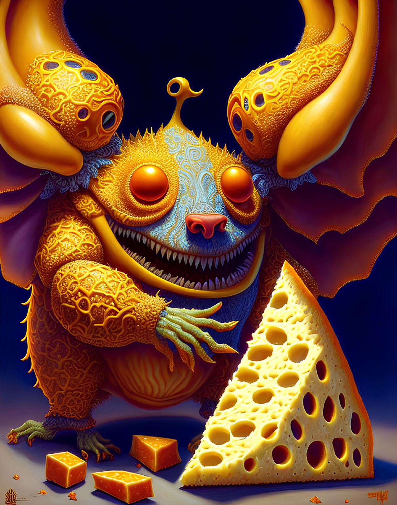 Colorful fantastical creature with ornate patterns and tentacle-like horns next to cheese