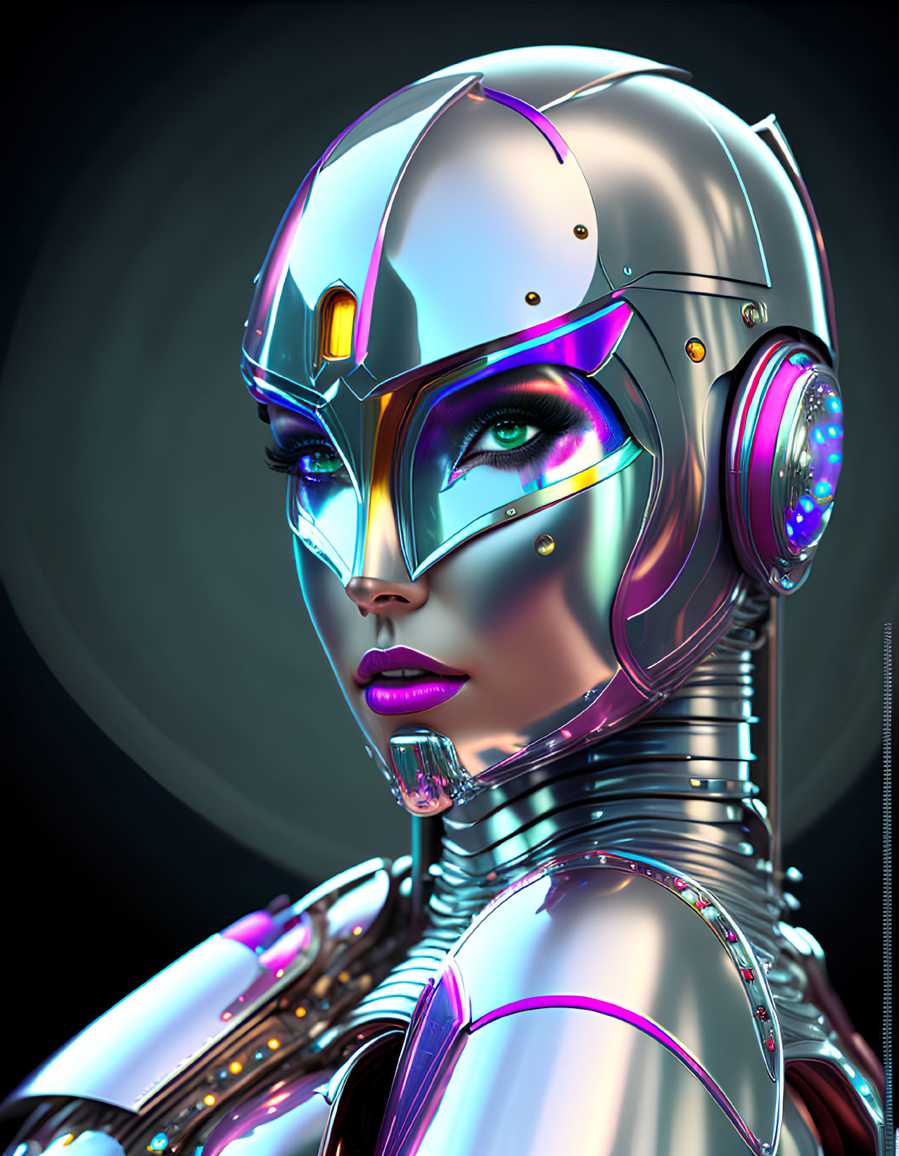 Female robot digital artwork with sophisticated helmet and neon accents