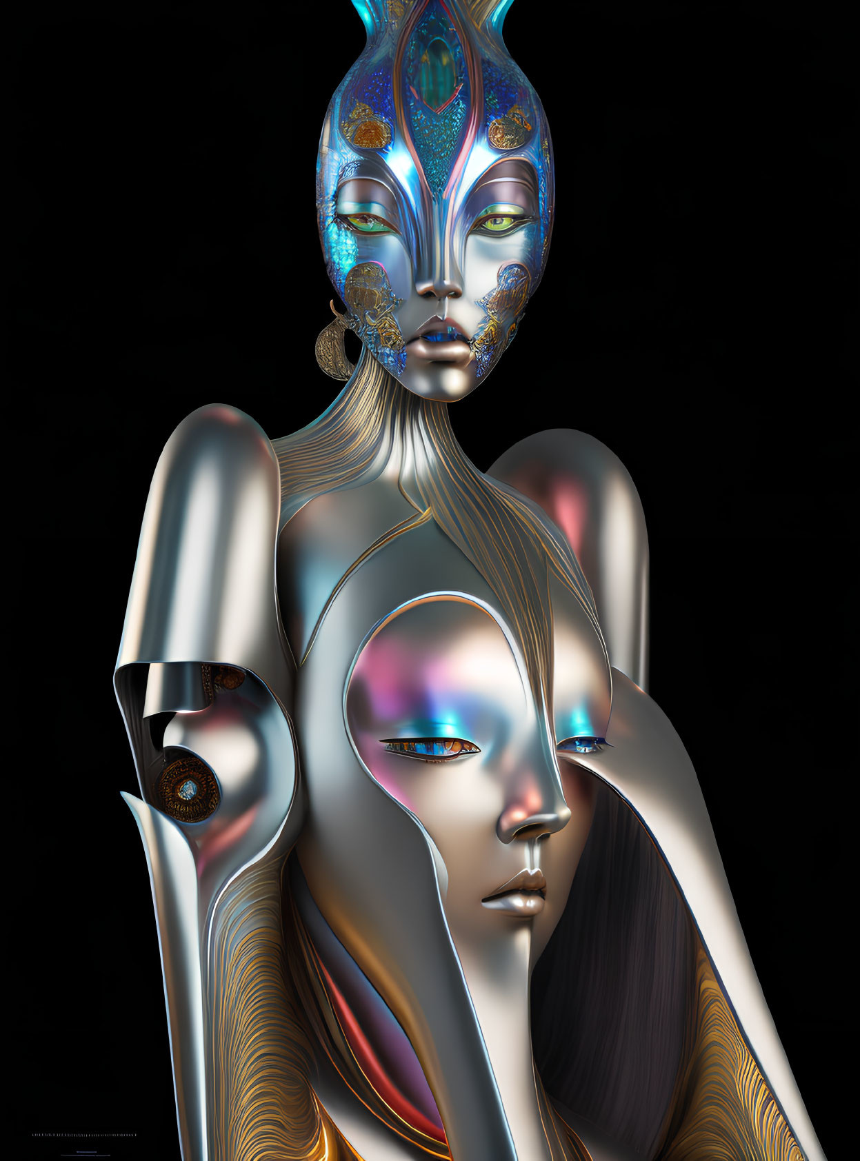 Stylized metallic female figures with ornamental headpieces on black background