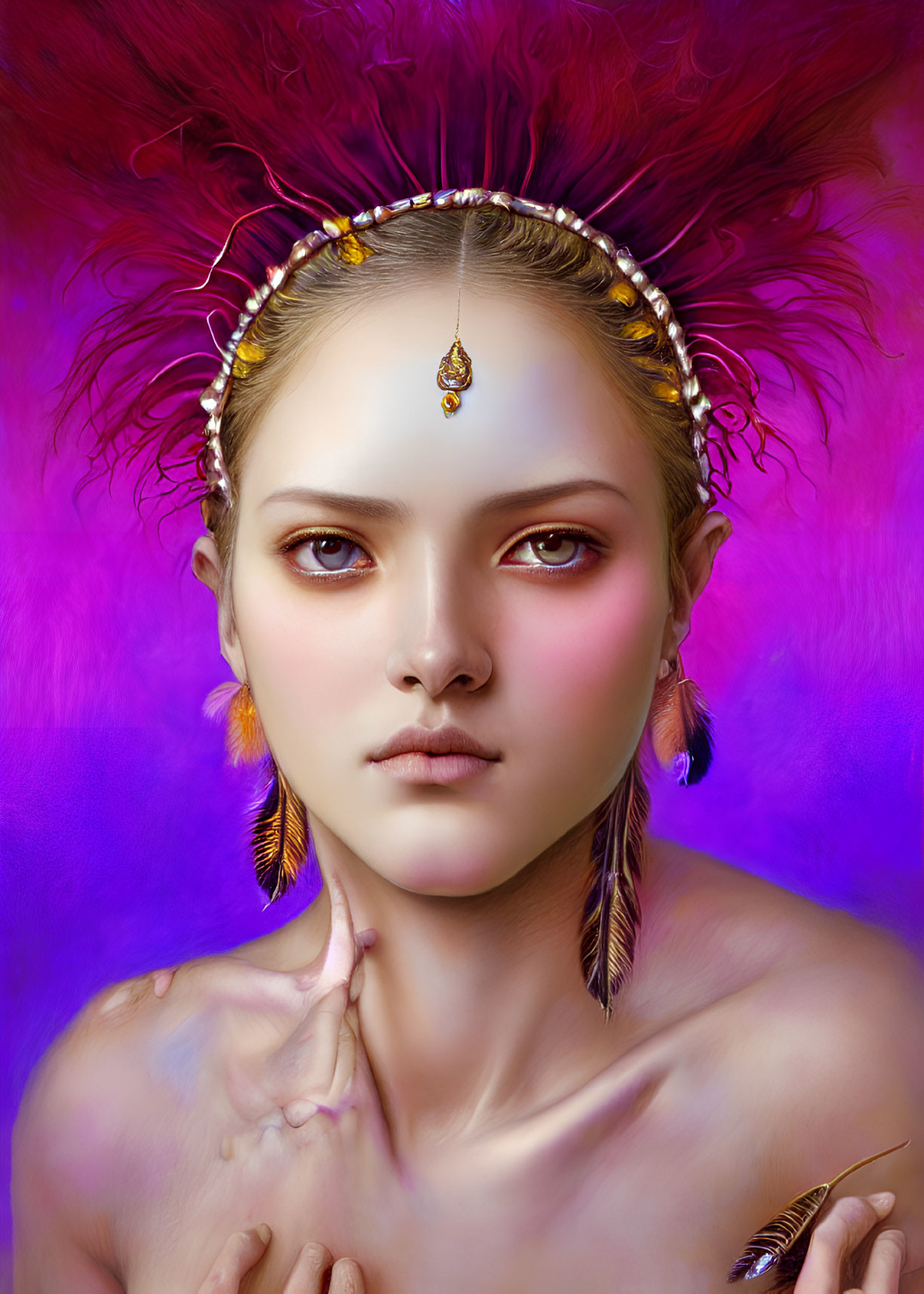 Portrait of Woman with Feather Accessories and Jeweled Headdress on Vibrant Purple Background