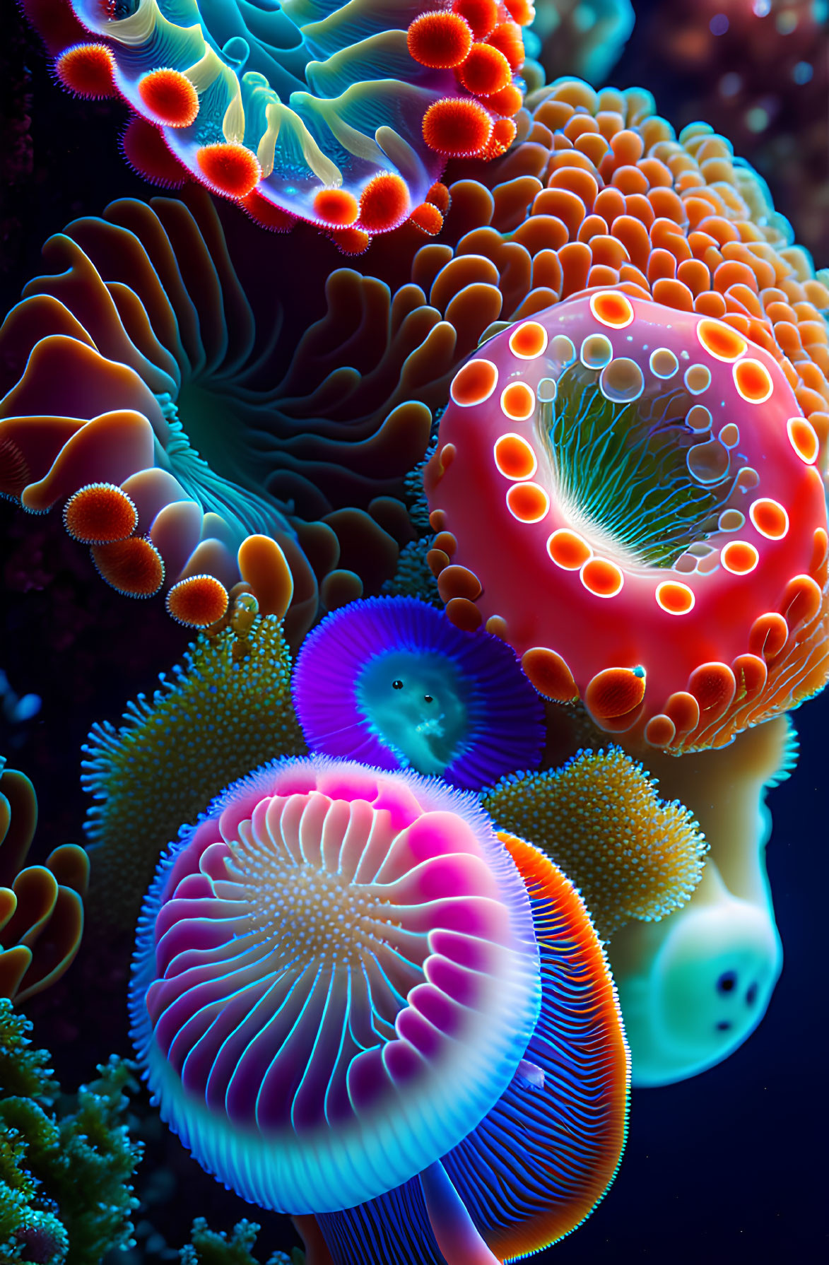 Colorful Abstract Underwater Sea Life Art: Vibrant Neon Coral Structures