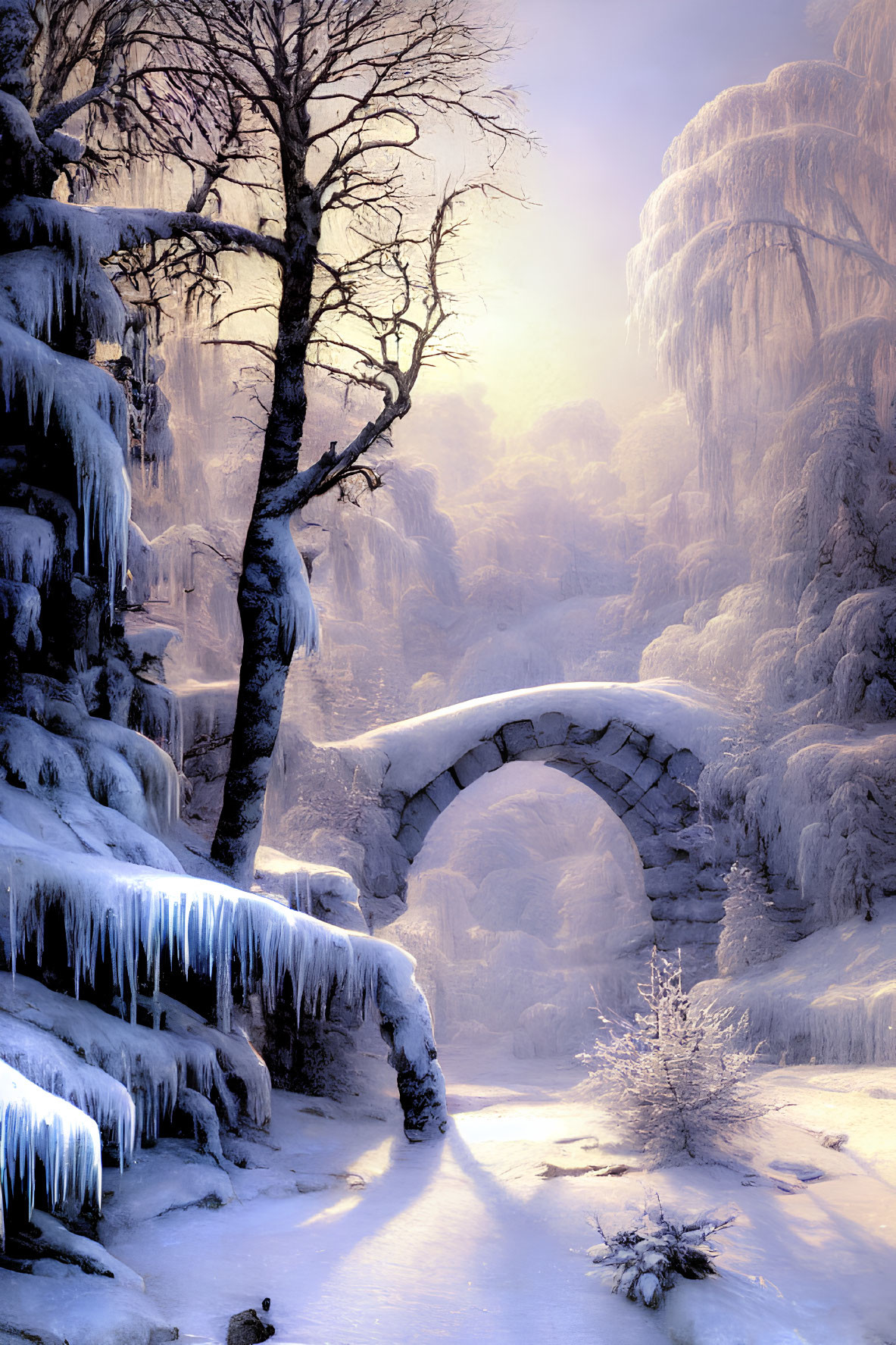 Snow-covered stone bridge over frozen stream in serene winter landscape